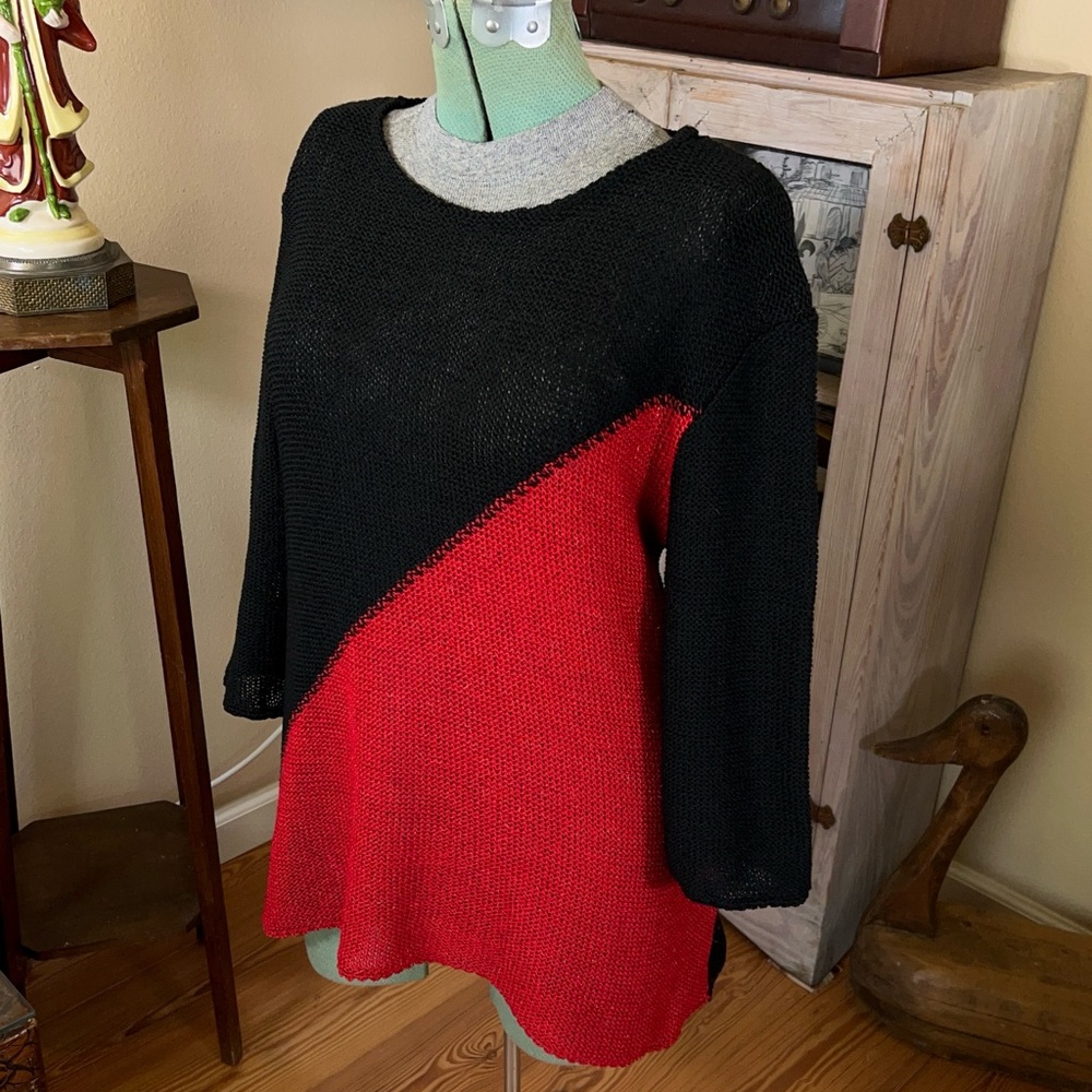 Vintage Red and Black Asymmetrical color block Linen Knit Sheer Mesh Top - Picture 2 of 8